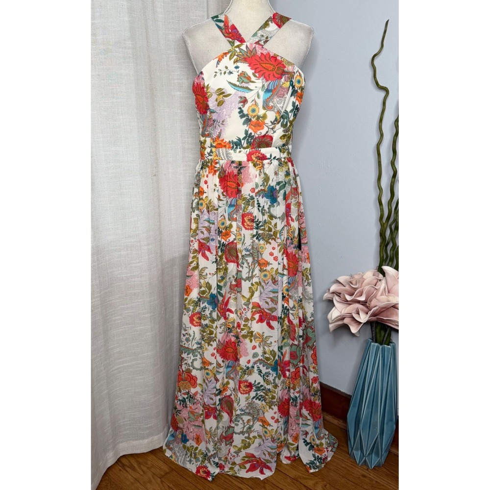 NWT Lulus Lija Cream Floral Paisley Halter Maxi Dress Cream Women's Medium